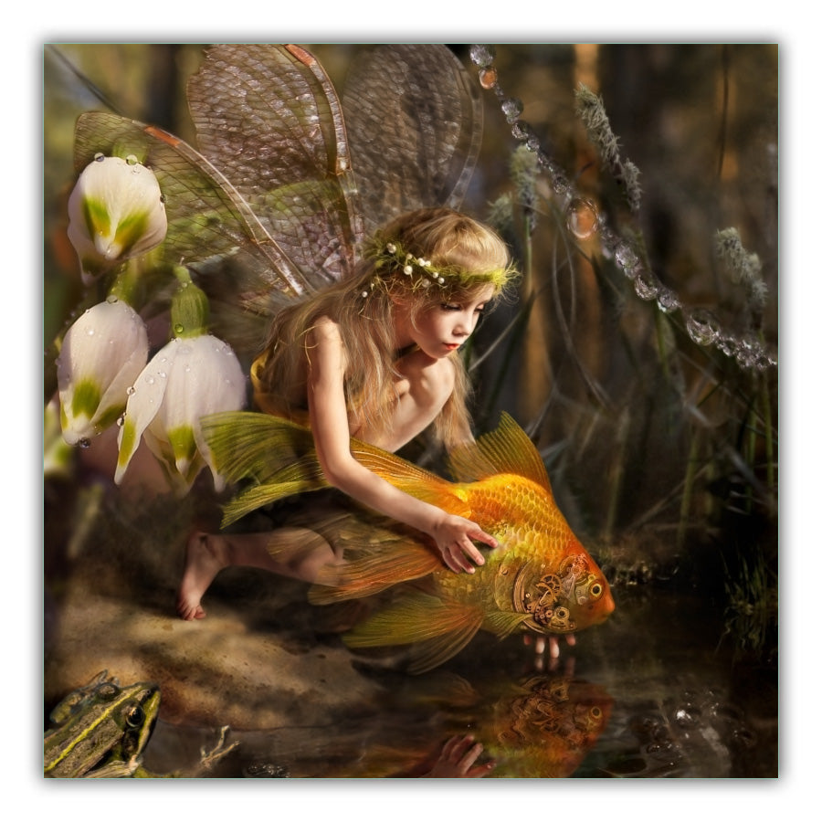 Fairy Fish Fairy holding a golden fish with snowdrops behind her and her reflection in the water with grass and dew drops in the background on the right