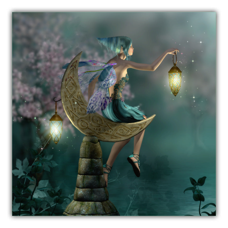 Moon Fairy background of faded pink flowers with a fairy sitting on a crescent moon holding a lamp of light with plants in the forefront