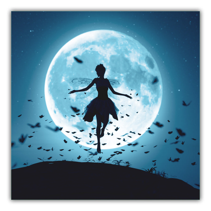 Moonlight Fairy. Background of a large full moon which illuminates a fairy with wings and butterflies all in black with a large branch in the forefront