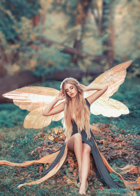 Autumn Fairy.  Background of a woodland with trees and leaves.  Foreground a fairy with wings outstretched wearing a green and orange dress with her hands behind her head sitting on a tree stumps in the grass with bare feet.