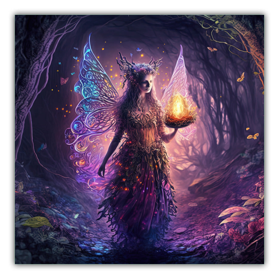 Majestic Fairy. A woodland tunnel of branches and tiny blue and pink butterfiles with a fairy with coloured, lighted wings and skirts with red and orange light with a next on fire in her right hand
