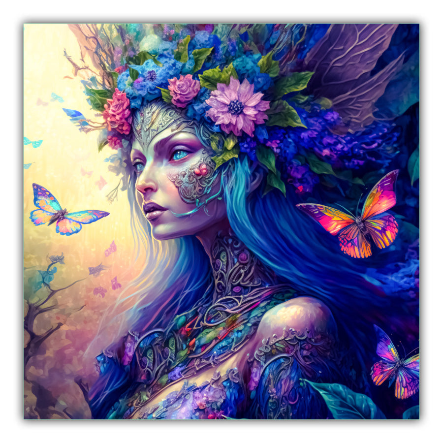 Flower Fairy. Background of butterflies in flight in pinks, blues , purples and orange. Fairy with a flower head dress with pink, blue flowers with green leaves with long blue and pink hair and woodland jewels on her face and neck and a flowery dress