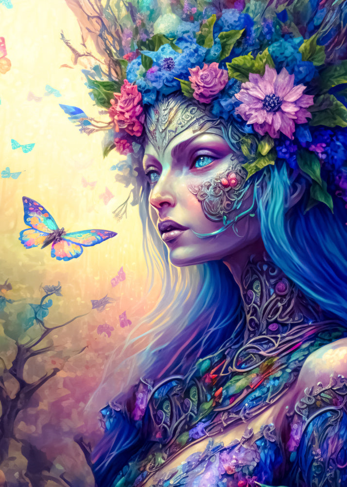 Flower Fairy.  Background of butterflies in flight in pinks, blues , purples and orange.  Fairy with a flower head dress with pink, blue flowers with green  leaves with long blue and pink hair and woodland jewels on her face and neck and a flowery dress 