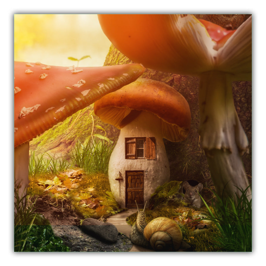 Toadstool Home. Background of sunlight with a tree trunk Red mushrooms with white flecks and a small toadstool house against the tree with a window and door with shutters. In the foreground there is a shell and a stone with moss and grass