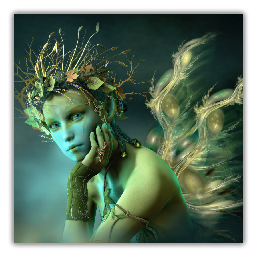 Green Nymph Fairy. Green background with fairy sitting with her head in her hand wearing a headdress of brown grasses, green and brown leaves wearing a green mitten and a ring made of wood with ivy in a band on her arm