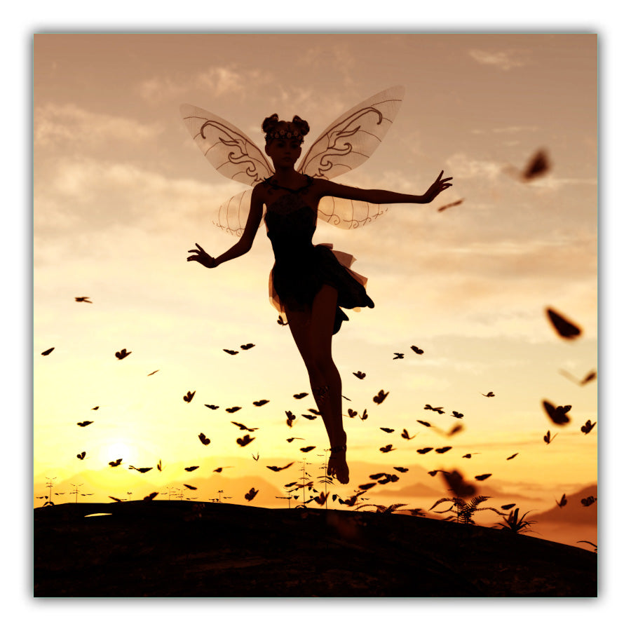 Fairy Dust. Sunset with a fairy in shadow sprinkling butterfly fairy dust with ground in shadow in the foreforont