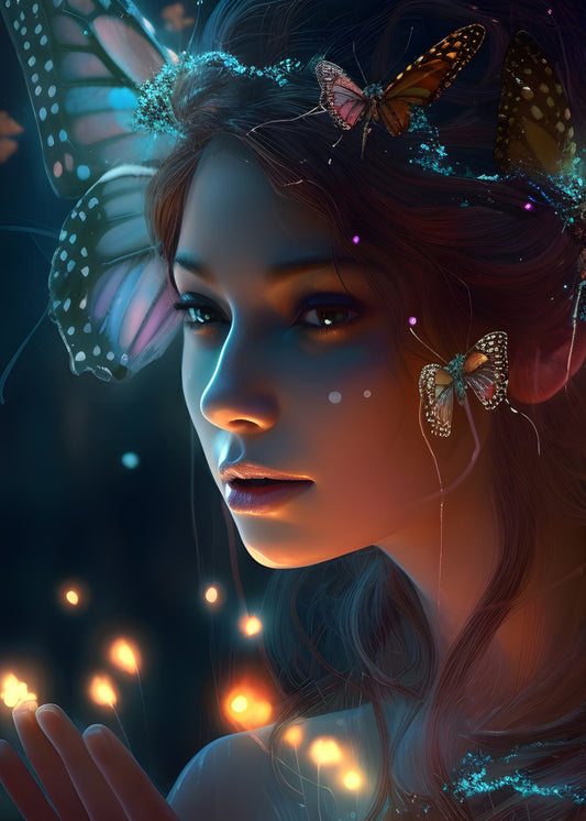 Butterfly Fairy. Head and shoulders of a fairy with brown, blue and white butterfly head dress with fairy lights coming off her hands and a butterfly in the background with blue and pink colours 