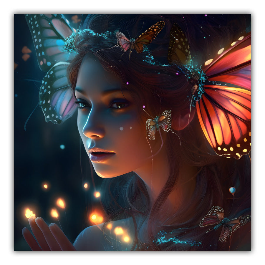 Butterfly Fairy. Head and shoulders of a fairy with brown, blue and white butterfly head dress with fairy lights coming off her hands and a butterfly in the background with blue and pink colours