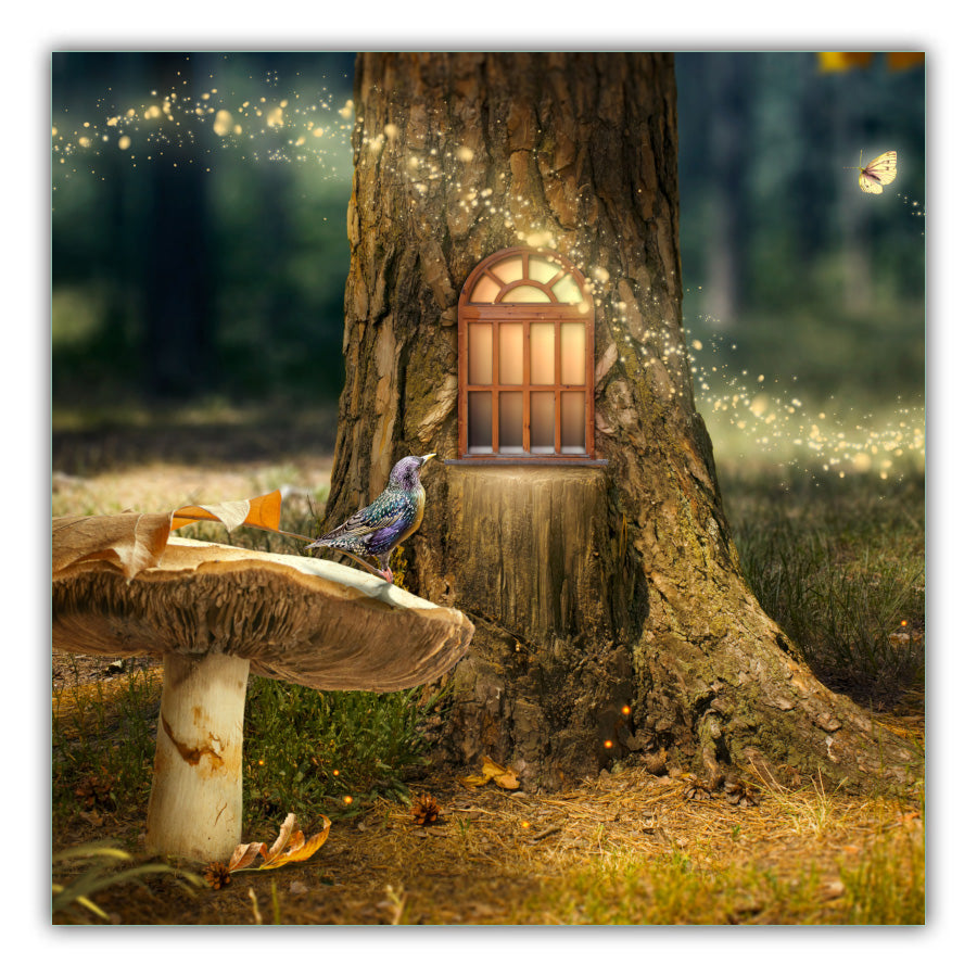 Fairy Door. Faded background of trees. Tree at the front with a lit fairy door and fairy dust flying in front of it. A blue bird sitting on a mushroom with grass and leaves in the foreground