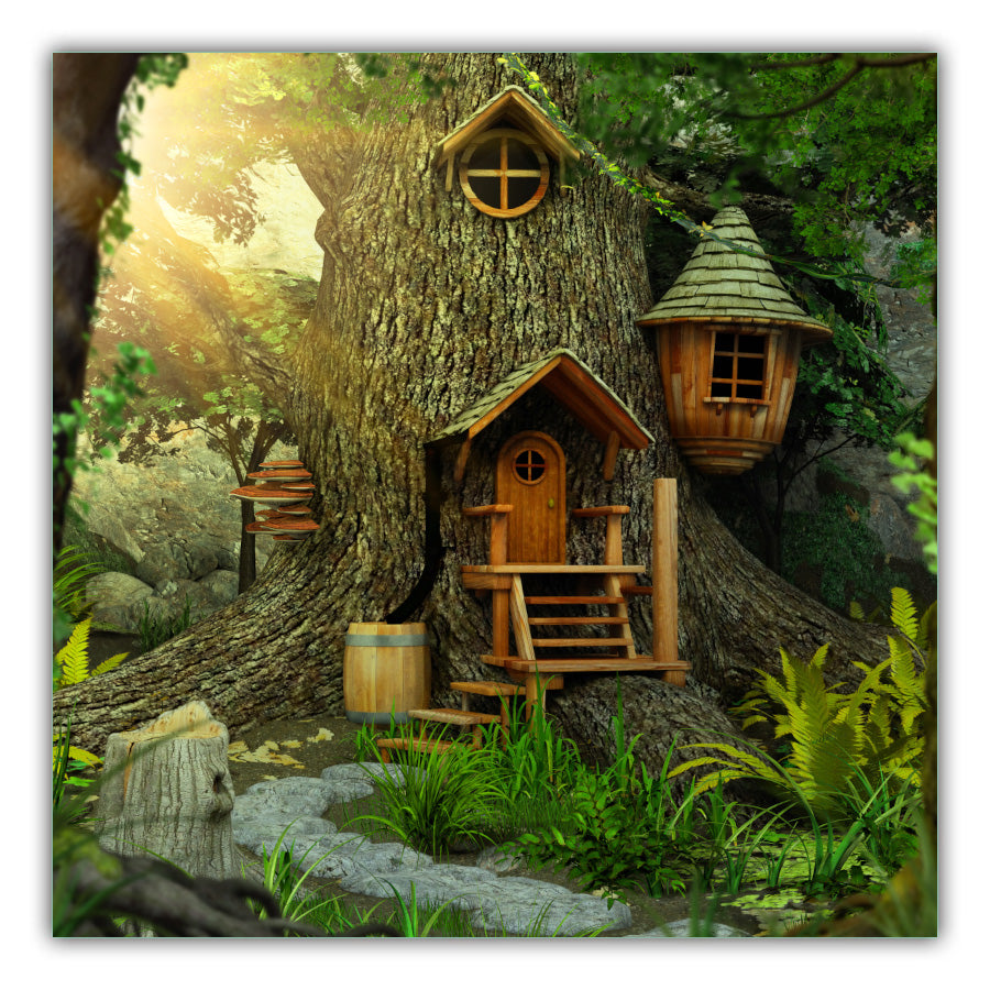 Fairy House. Leaves in the background with the sun coming through. A fairy house with mushrooms on one side and an acorn room on the side of the tree with a porch, steps, barrels and a stone path with green plants in the foreground