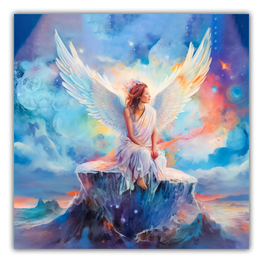 Wistful Fairy A fairy dressed in white with white wings looking wistful to the left sitting on a rock covered in ice with a rainbow clouded sky behind