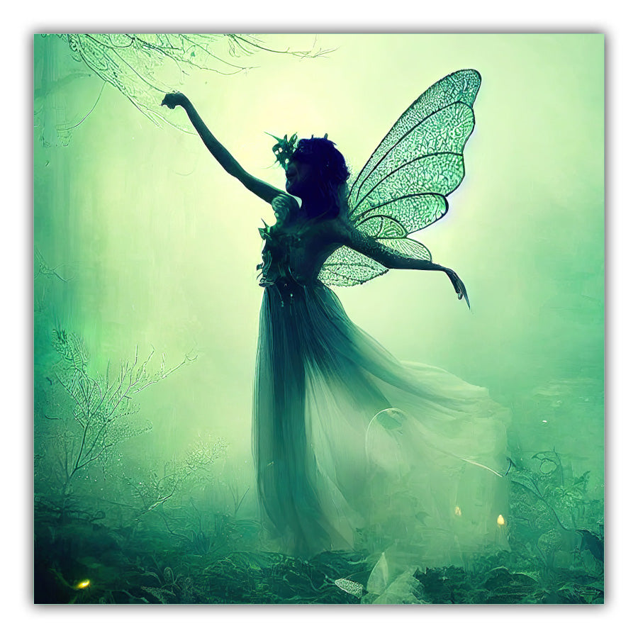 Fairy Whispers. Background of fog in greens and white with a tree branch A fairy in white dancing with leaves in dark and white in the foreground