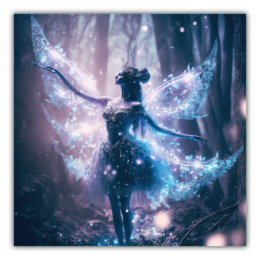White Ice Fairy. Background of dark trees with a fairy in shadow holding her arms and wings out either side of her with ice white wings and skirt