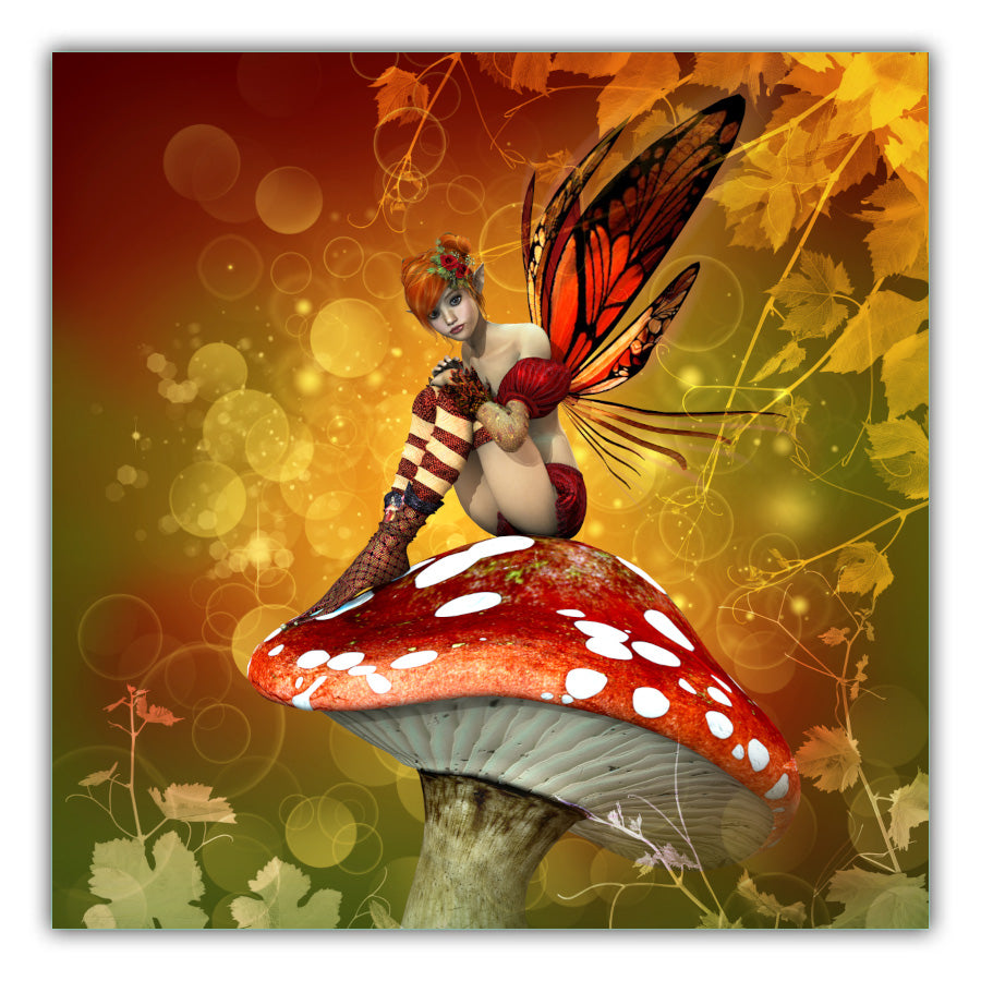 Toadstool Fairy. A background of yellow globes and leaves with a fairy with red wings and hair and stripy white and red socks sitting in a red and white dotted toadstool