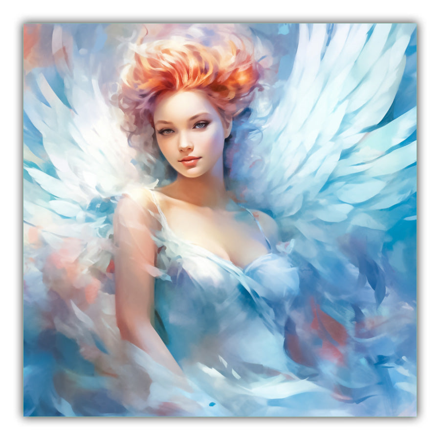 Serenity Fairy. Fairy with pale blue and white wings and top with bare arms and red, purple hairs looking peaceful and calm