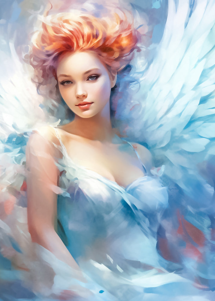 Serenity Fairy.  Fairy with pale blue and white wings and top with bare arms and red, purple hairs looking peaceful and calm