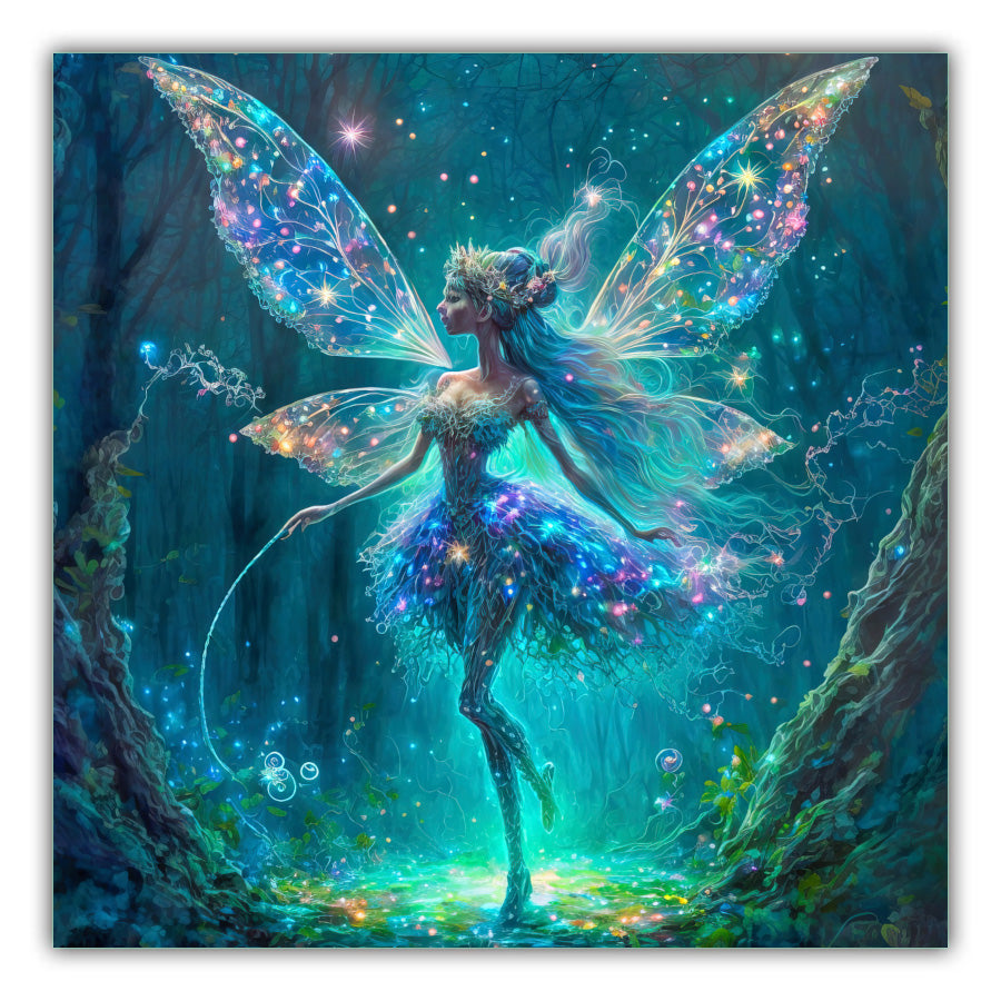 Star Fairy. A beautiful fairy at night time in the wood lit up with colour and light that look like stars shining in her wings and skirt in yellow, blue, pink, holding a magical white wand with trees in the background