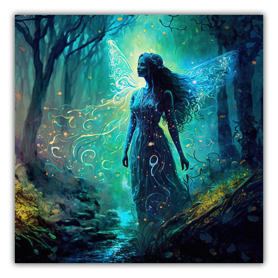 Night Fairy. A beautiful night lit fairy in the woods radiating colours of white, yellow, green and blue and light from her wings
