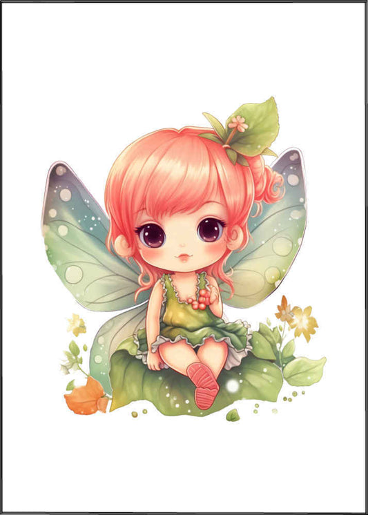 Autumn Green Fairy Greeting Card.  A cartoon girl with auburn hair tied up with a small brown flower and leaves in a posy in her hair.  Wearing an pale green short sleeved dress and a necklace of orange berries.  Green fairy wings with white circles sitting on leaves with orange autumn leaves and flowers on the ground with small round green circles in the forefront