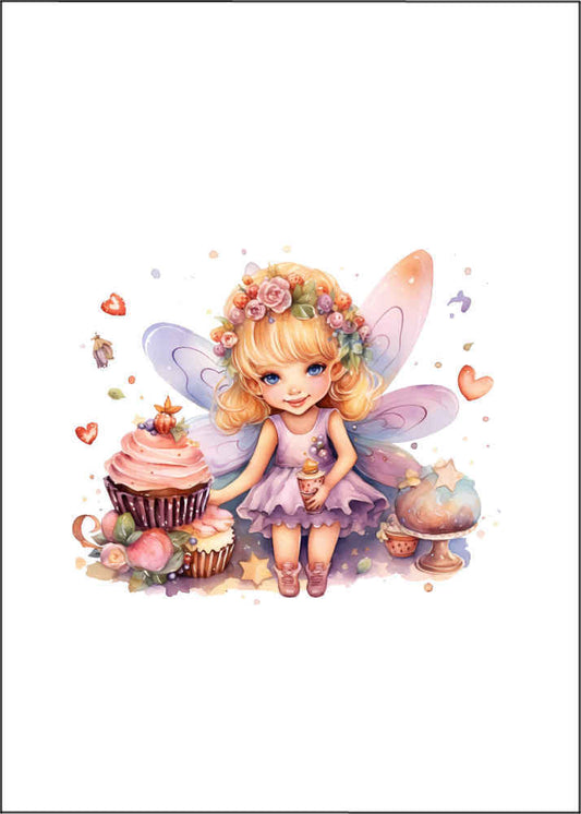 Cupcake Fairy Greeting Card. A little fairy with blonde hair with curls wearing a garland of pink flowers and orange berries. Wearing a lilac dress with no sleeves and fairy wings in blues, purples, pinks and orange. A large chocolate cupcake with pink icing and fruits on top sitting on a bed of another cupcake with frosting and flowers and leaves on the other side of the fairy is a cake stand with a large round cake Around the edges there are red hearts and small circles. 