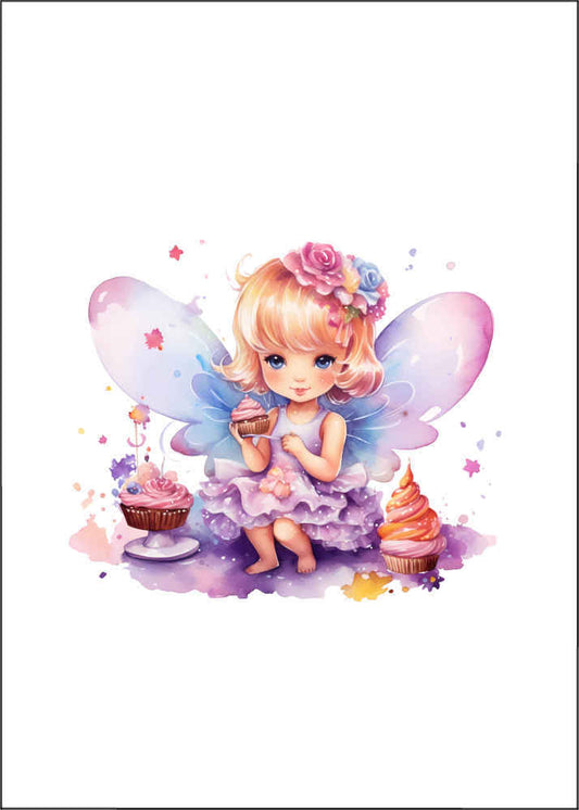 Cupcake Swirl Card.  Little fairy with blonde hair with blue and pink flowers in her hair. Fairy wings of pink and blue wearing a lilac pleated dress with cupcakes with frosting either side of her and lilac, purple and pinks patches by her feet