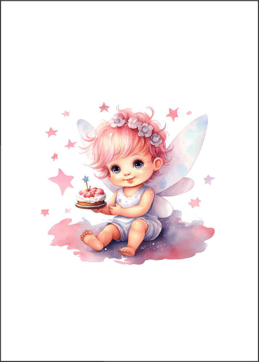 Cream Cake Fairy.  Little fairy wearing white romper suit with white wings with blue circles and pink hair with a pink flower headband and bare legs and feet holding a cake with cream and strawberries and a blue star sparkle.  Background of pink stars