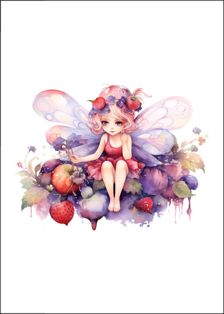 Fruit Fairy Card.  A fairy sitting on a bed of fruits including strawberries, apples, plums wearing a red dress with bare legs and feet with pink hair with a fruit head band