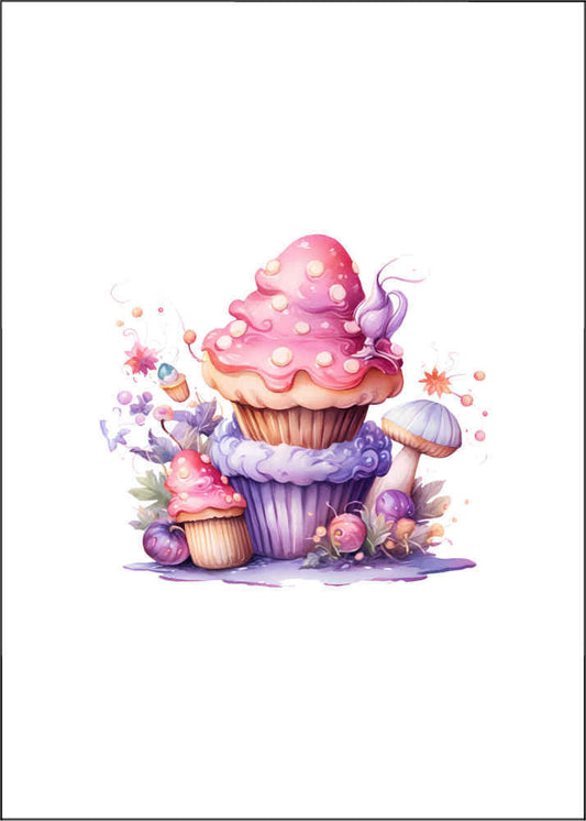 Cupcake House Card Two cupcakes one on the other with pink toadstool frosting surrounded by smaller cupcakes that look like toadstools and mushrooms with seeds surrounding them and berries in purple and pinks on the ground