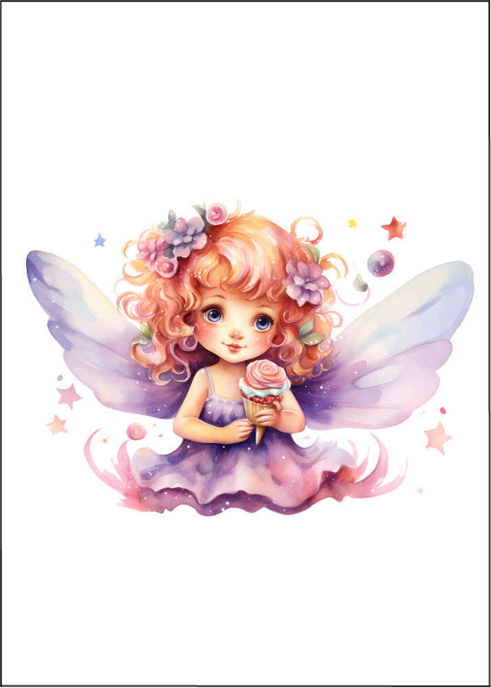 Sweet Tooth Fairy Card.  White background with stars and moons with a fairy sat wearing lilac with lilac wings holding a frosted cupcake who has auburn hair with flowers of lilac and pink in her hair