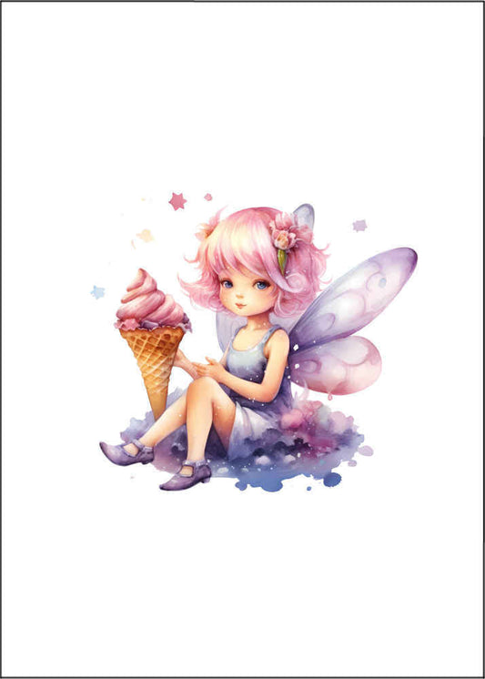 Ice Cream Fairy Card Fairy with pink hair with flowers in wearing a grey dress and shoes and wings of purple, pink and orange holding a large ice cream with a cone and pink ice cream