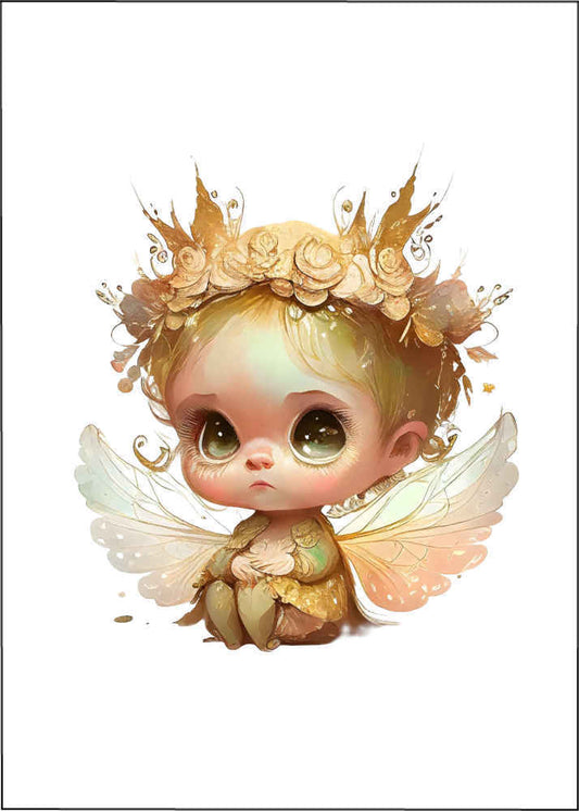 Autumn Crown Fairy Card Cute little fairy wearing a gold leaf crown with white and orange wings and wearing a robe of brown and green leaves with long eyelashes and green eyes