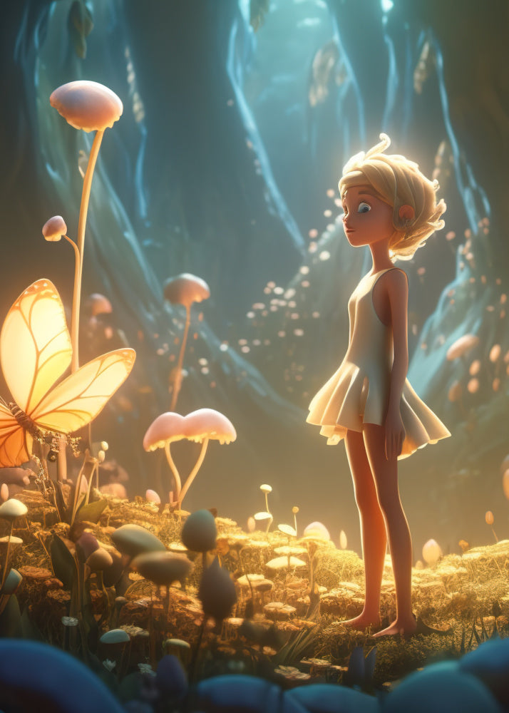 A fairy with blonde hair in a short white dress with bare legs and feet standing in the woods surrounded by butterflies and mushrooms of various sizes with light orbs all around