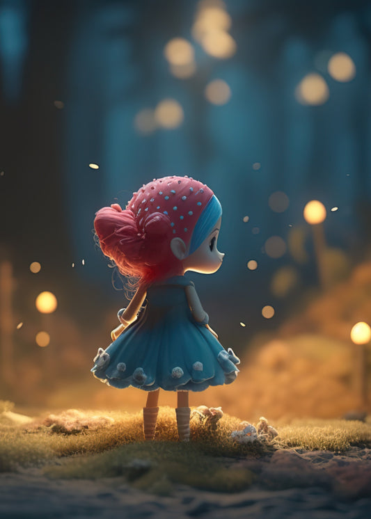 Red Imp Card. Small mouse like imp with red toadstool hair and a blue and white petal dress standing on a moss ground with blurred woods behind and orbs of light in the sky