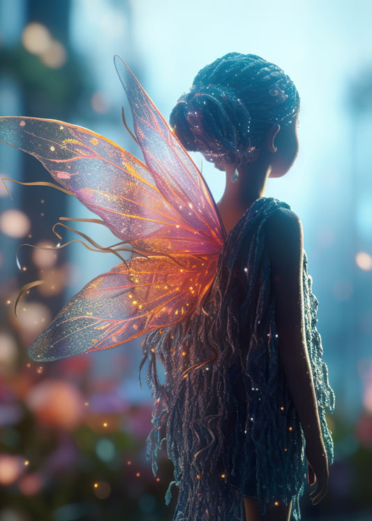 Ballerina Fairy Greeting Card.  An image of a little girl with her hair tied in a bun facing away with glitter braids in her hair and a hair clasp with teardrop stones.  Wearing a dress made of blue tassels with transparent fairy wings lit with yellow lights that make the wings shimmer.  Blurred background of woods with orbs of lights.
