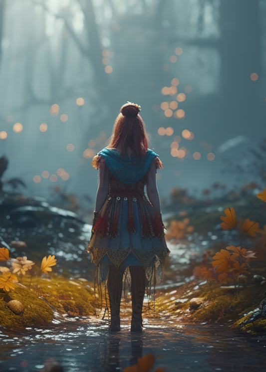Woodland Elf Fairy Greeting Card. Image of girl with her back facing with auburn hair partly tied in a bun on top of her head, wearing a turquoise dress with orange feathers and yellow arrows at the bottom wearing boots walking through water with the banks in autumn browns and oranges facing towards the woods showing trees trunks and shimmering orange light orbs