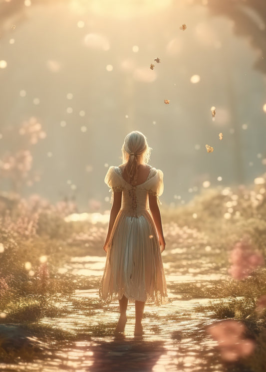 Feather Fairy a woman in a white dress with her back facing with long blonde hair tied back  walking barefoot on a woodland path with grasses and pink flowers each side of the path with feather and butterflies floating in the air around her
