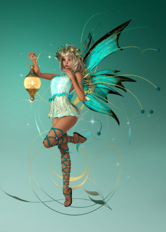 Lantern fairy.  Blonde hair with a flower garland with aquan and black wings wearing a blue and cream corset and stringed sandals going up the legs  in green with a lantern with a faded green background