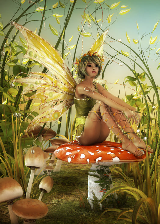 Toadstool field fairy.  Toadstools and grasses surround a fairy sitting on a red and white toadstool with yellow winds and a green dress with gold ribbons around her legs