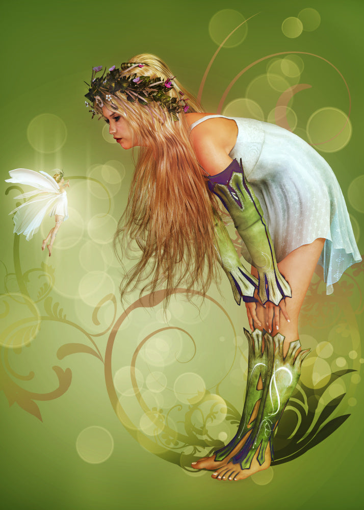 Fairy Magic.  Green background with circle of light.  Girl with long blonde hair and a garland of leaves and flowers in her hair wearing a white dress with green and purple arm and leg sheathes talking to a tiny fairy dressed in white with white wings