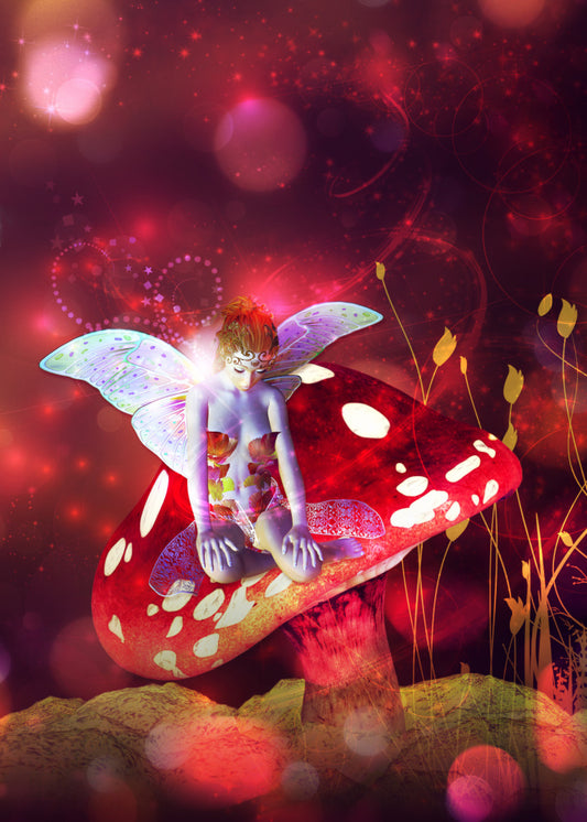 Toadstool Bliss Fairy.  Red background with orbs of white light.  A fairy with white glittery wings and autumn coloured leaves as a dress sitting on a toadstool of red with white spots with golden grasses and leaves on the ground. 