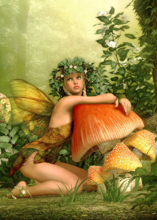 Shroom Fairy.  Green woodland background with white roses on ivy.  Grass in the forefront.  Fairy dressed in autumn coloured dress with pale green and brown wings wearing a garland of flowers and leaves in her blonde plaited hair draping her arms over a large red mushroom with 3 smaller one in front of it with red and white caps