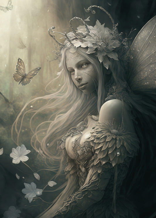 Black and white image with butterfly to the side with white flowers below.  Fairy all in white and grey looking peaceful