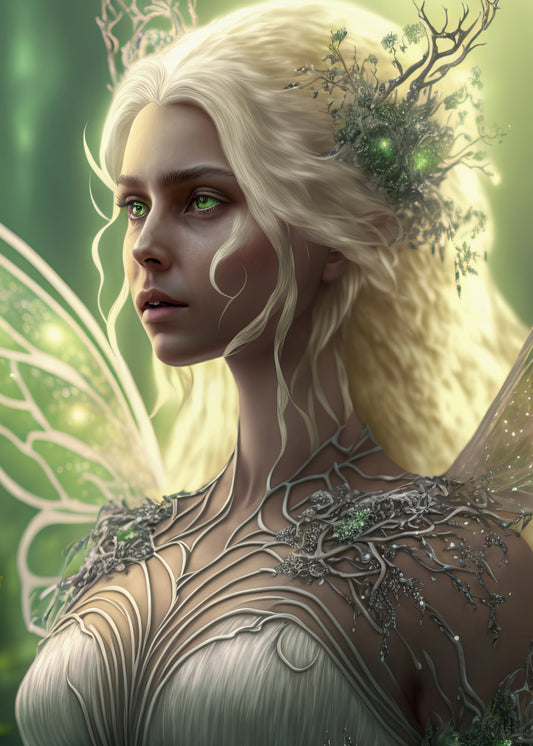 Background of green with head and shoulders of a fairy with long blonde hair and bright green eyes wearing a twig inspired dress with moss and glitter and a headdress of twigs and green light