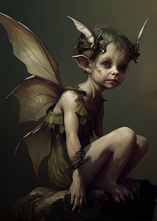 Dark background of fairy elf boy sitting on a rock wearing green and brown wings and headdress of wings 