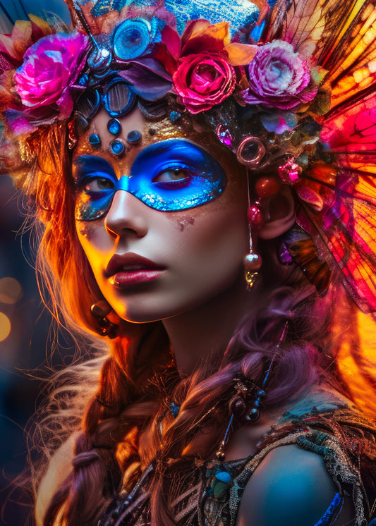 Rose beauty fairy car. Auburn hair fairy with a blue glittery harlequin mask.  A head dress made of blue and pink roses with feathers in orange and reds wearing beads in her hair