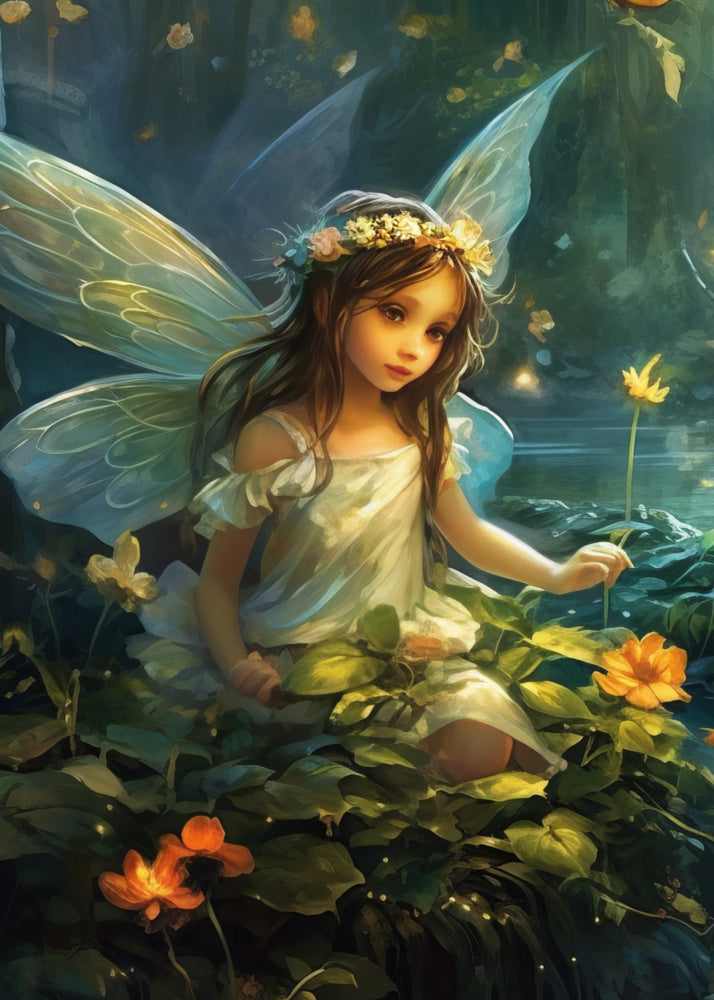 Serene Fairy Girl Card. Fairy child with long dark hair and white  wings and dress with a head dress of white, pink and pale blue flowers sitting in a bed of flowers