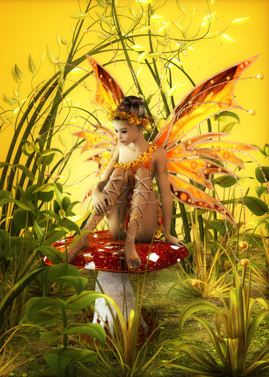 The whimsical Firefly Fairy Greeting Card features a fairy sitting on top of a mushroom, creating an enchanting scene perfect for a Fairy Greeting Card.