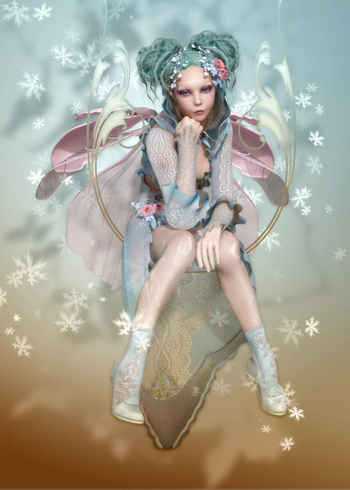 A Snowflake Fairy perched on a rock dusted with snowflakes, creating a whimsical scene perfect for a My Store greeting card.