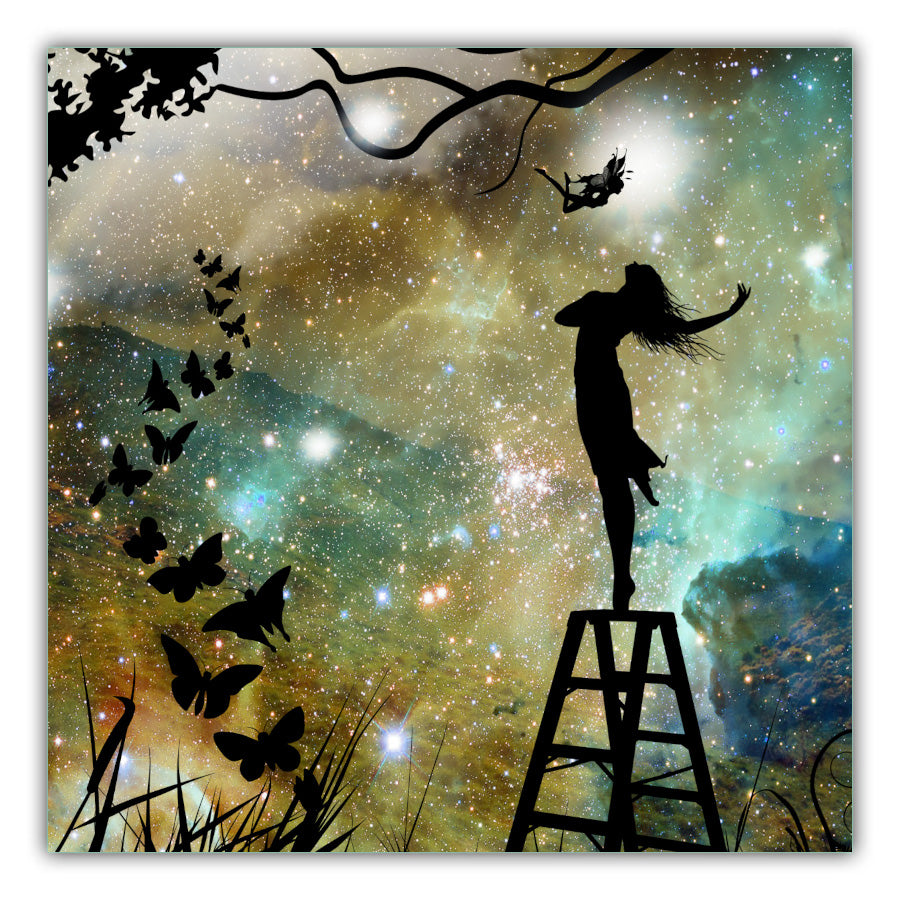 Enchanted Fairy. A starry night with trees and mountains. Foreground of a fairy on steps in black dancing with the butterflies in formation flying