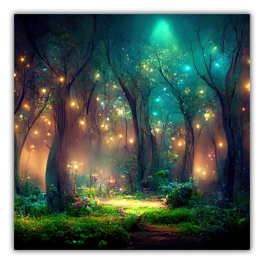 Magical Woodlands. A background of the night sky with glowing green light. Large trees with white, yellow and green lights in the forefront green bushes and small flowers in pink and yellow